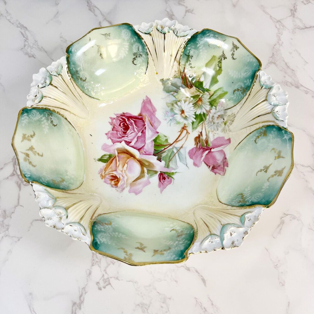 Antique R.S. Prussia Serving Bowl Roses Teal Panels Gold Gilt RED MARK (c. 1900)